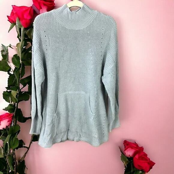 RDI Womens Medium Tunic Sweater Mock Neck Kangaroo Pocket Ribbed Gray NWOT - Picture 1 of 13
